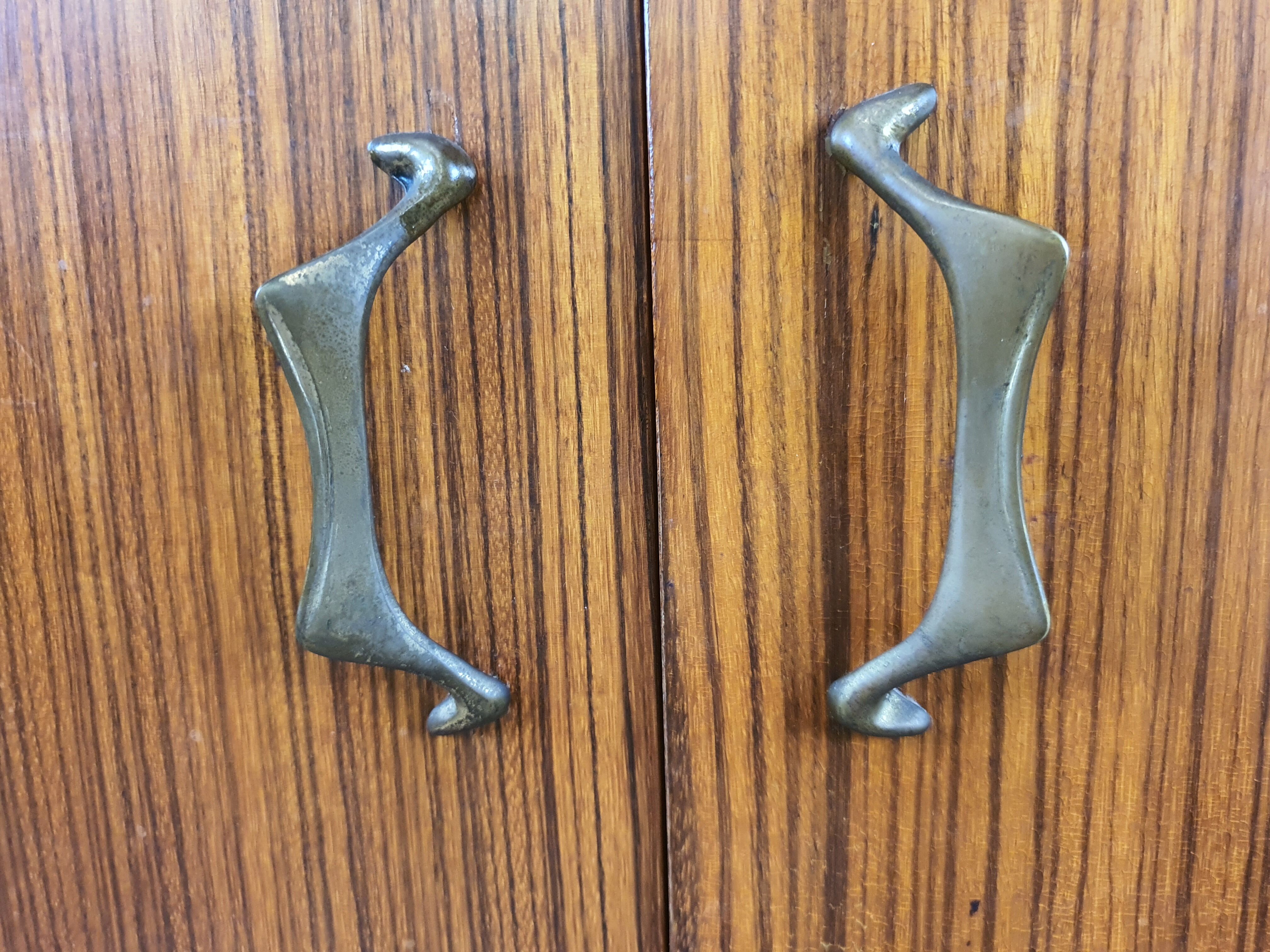 1960s sideboard with decorated doors in wood and brass