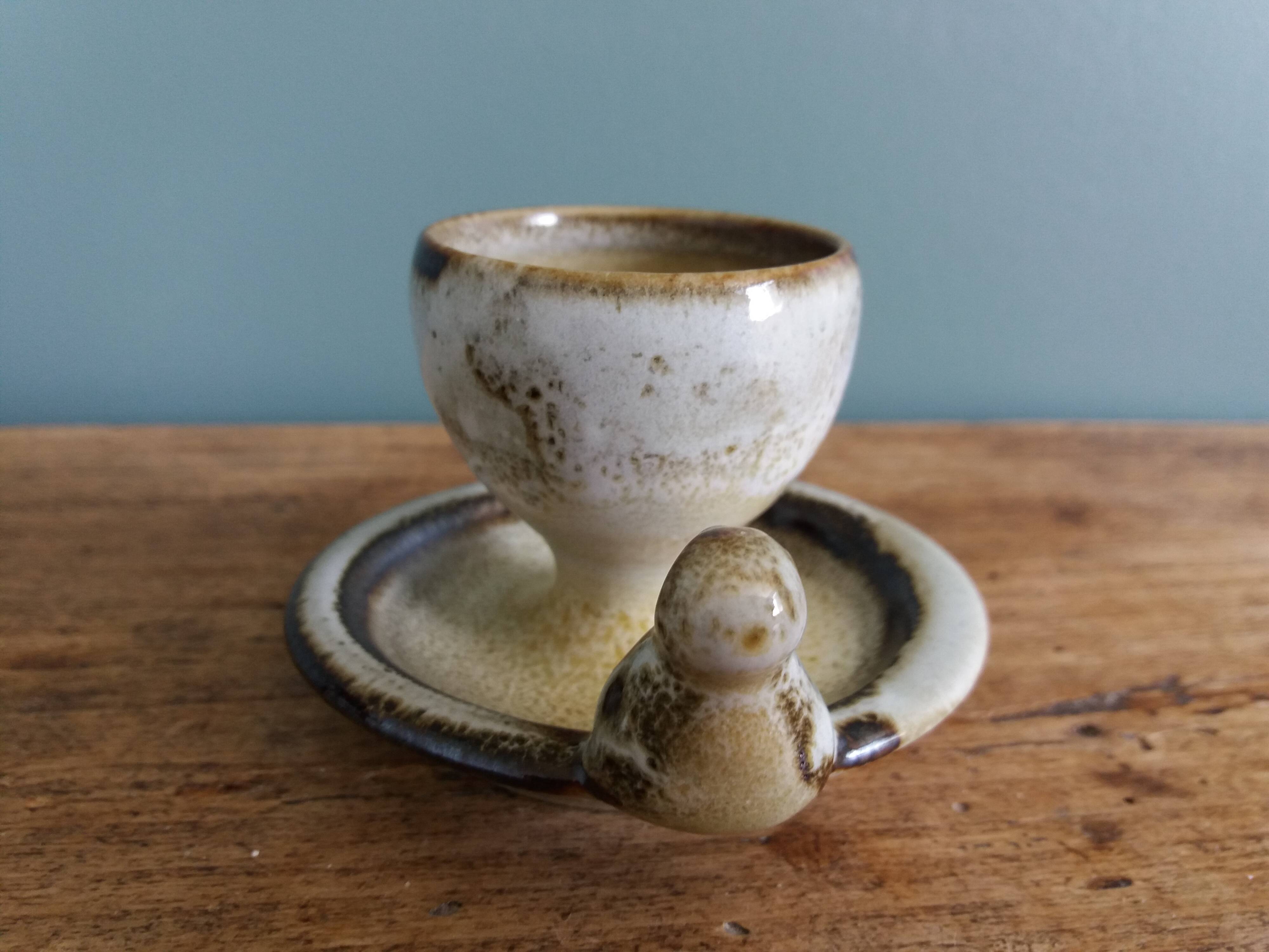 Sandstone bird egg cup signed Jean Marie Delahaye Malicornes