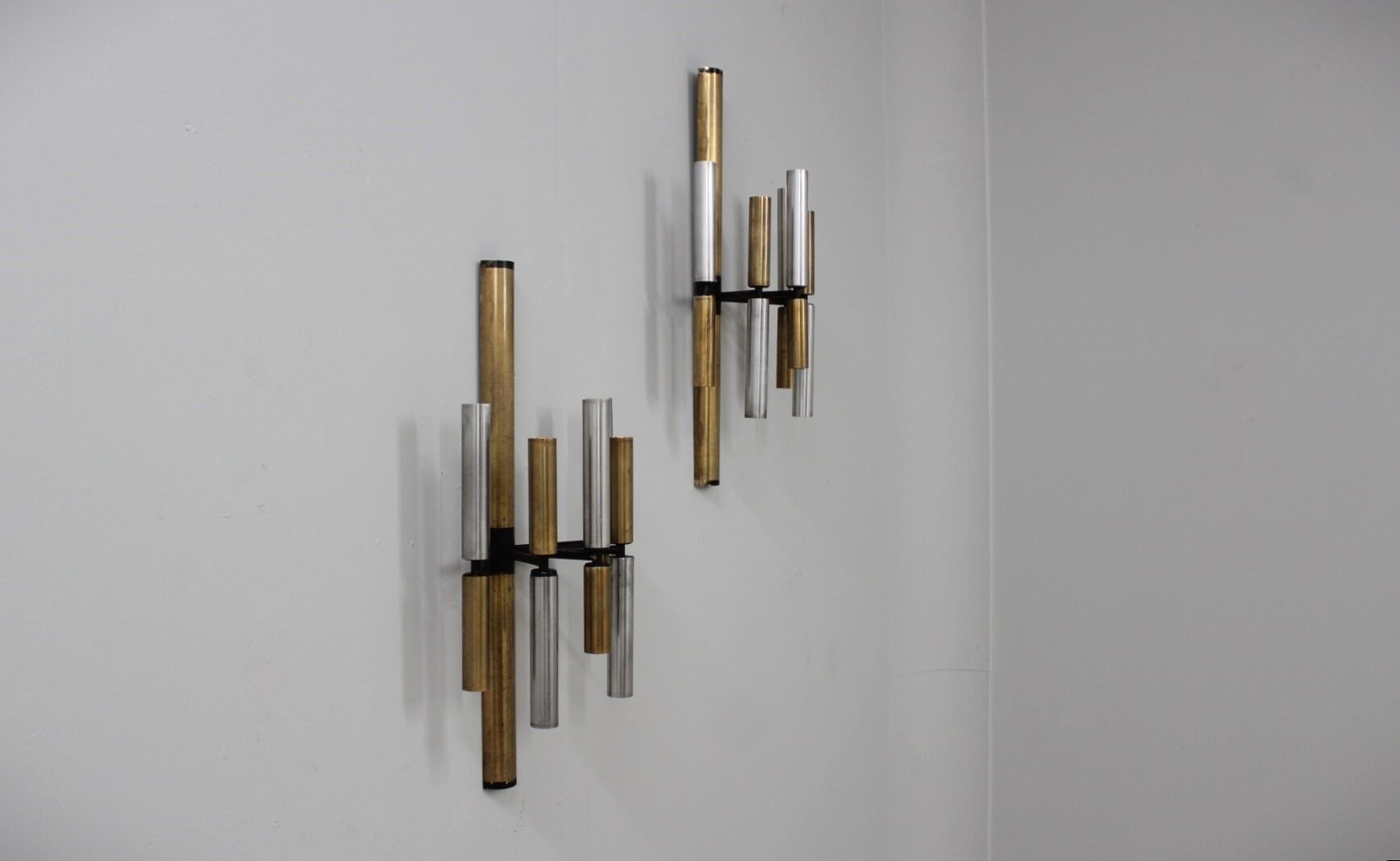 Stilnovo brass and aluminun tubes sconces 1950s