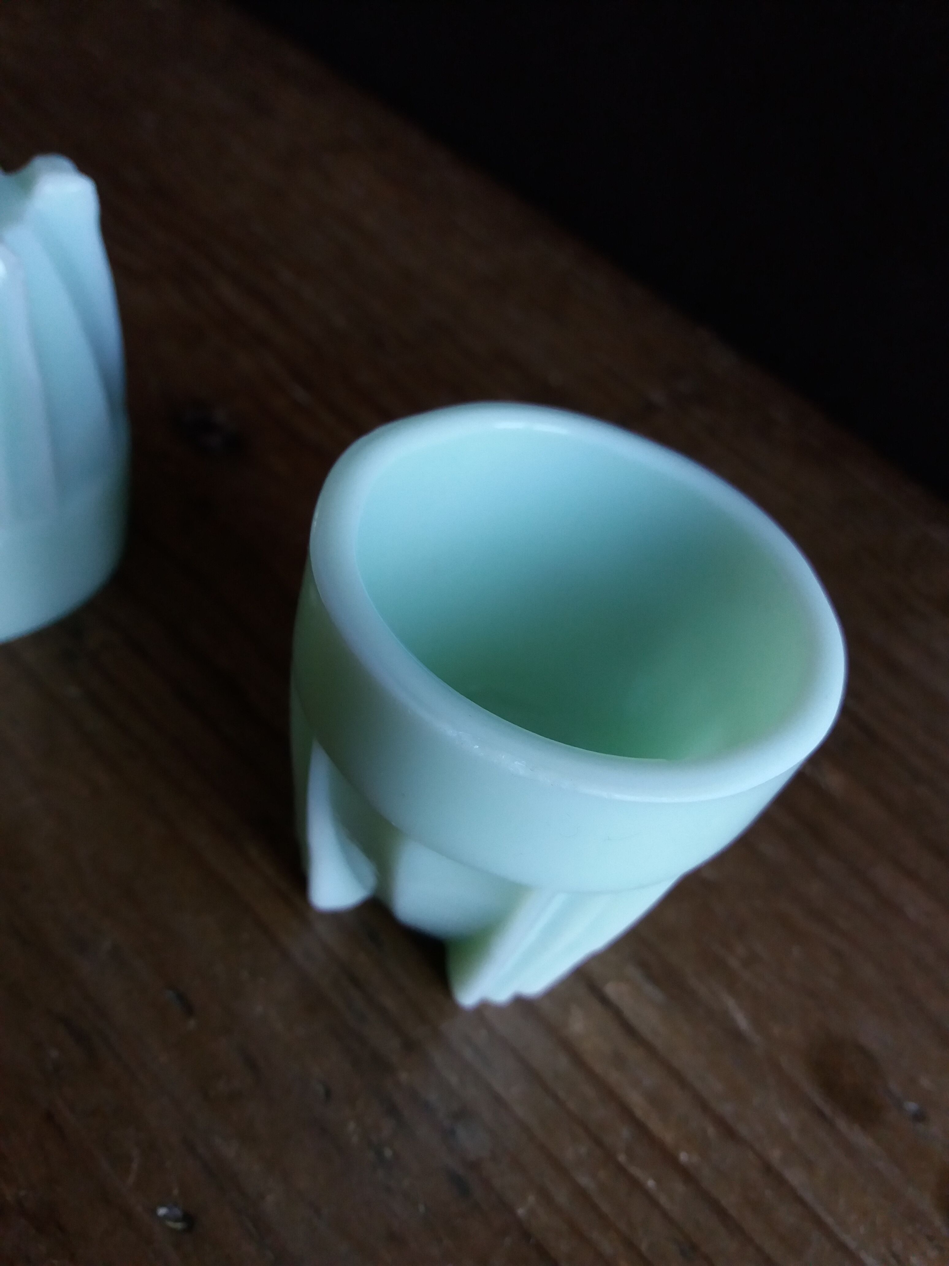 2 pale green art deco opaline shells