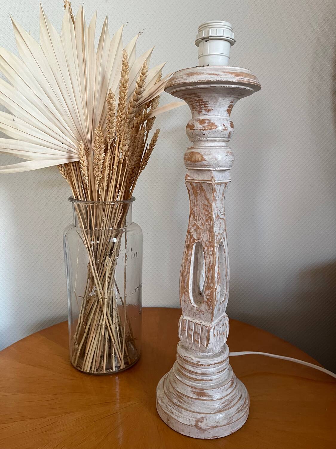 Wooden baluster lamp base with white cherry patina