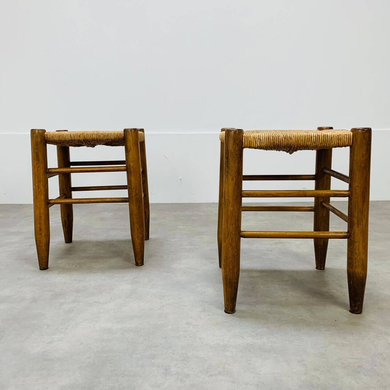 Pair of straw and wood stools, 1960s, neo-rustic style.