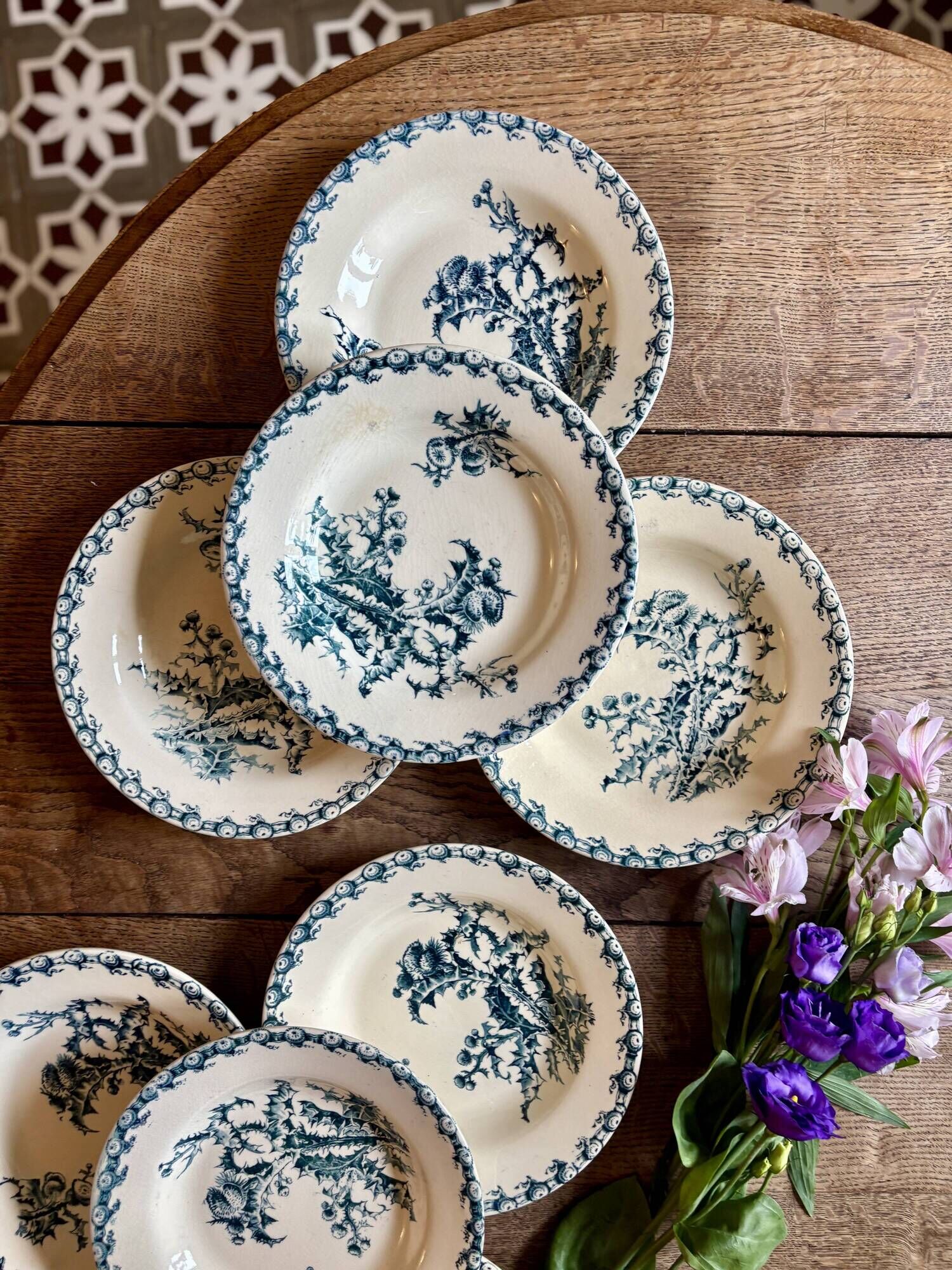 Set of 8 antique deep plates in ironstone, Chardons de Gien