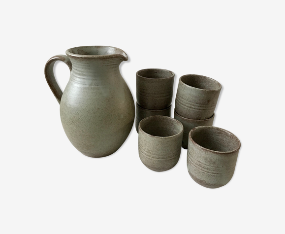 Service pichet et ses 6 tasses assorties en grès vintage