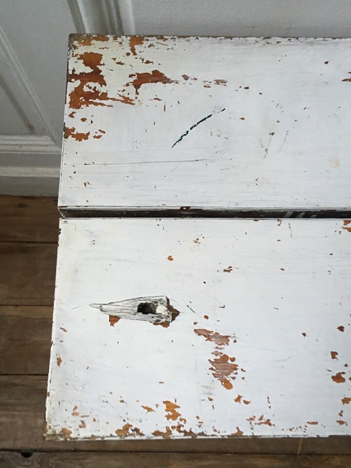 Stools, patinated wooden bedside tables