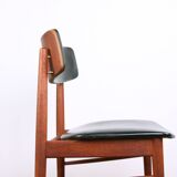 Set of 8 Danish chairs in teak, black leatherette and brass, Sven Chrobat/Sax.