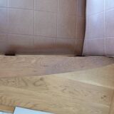 Scandinavian brown skai and wood armchair