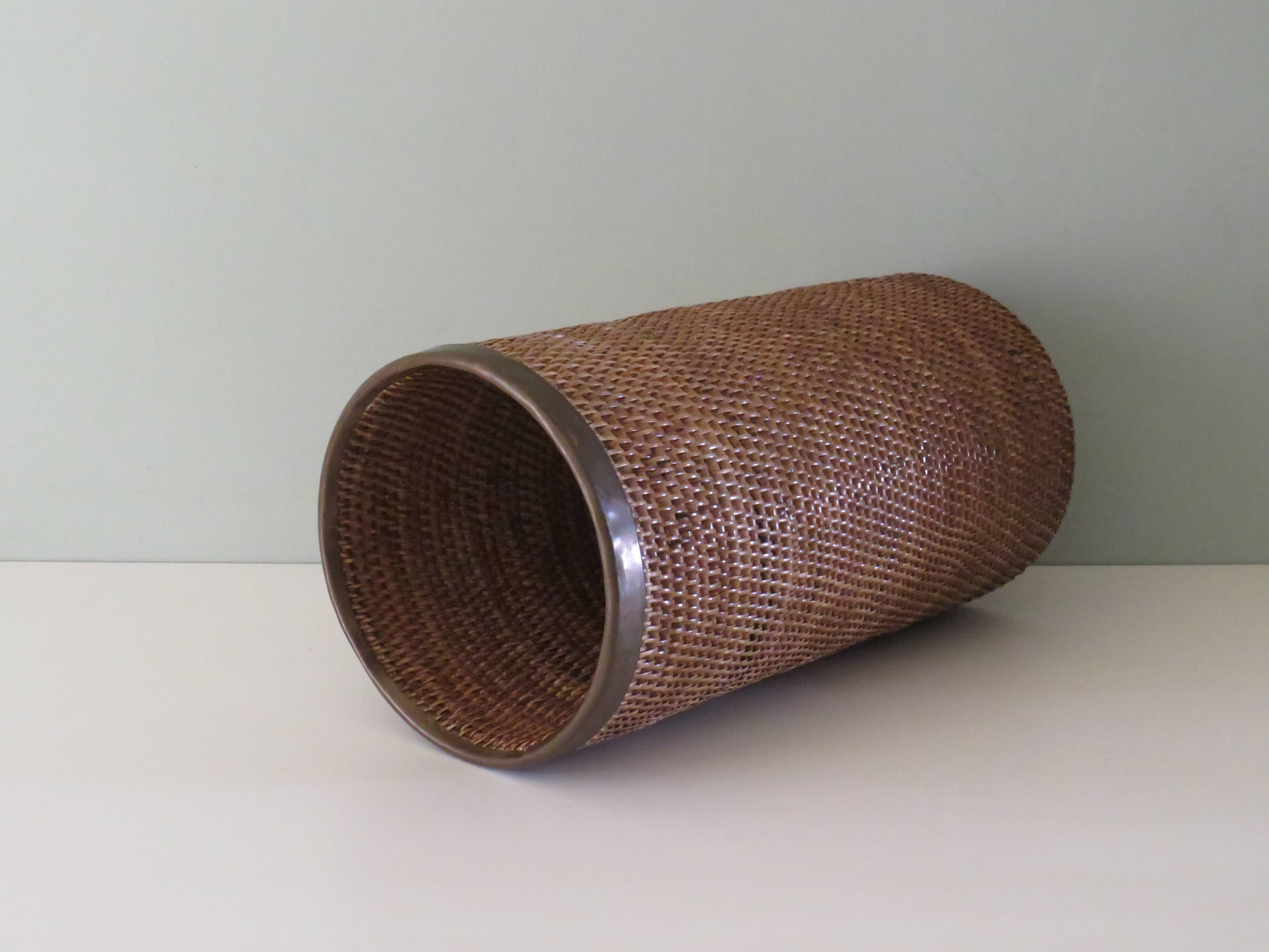 Vintage umbrella holder, rattan and bamboo with brass edge