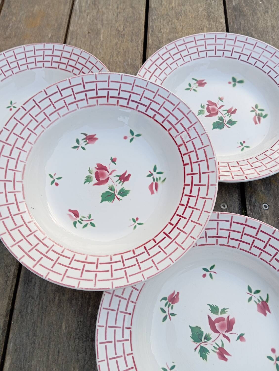 6 Rosa earthenware soup plates by Digoin Sarreguemines, 1950s