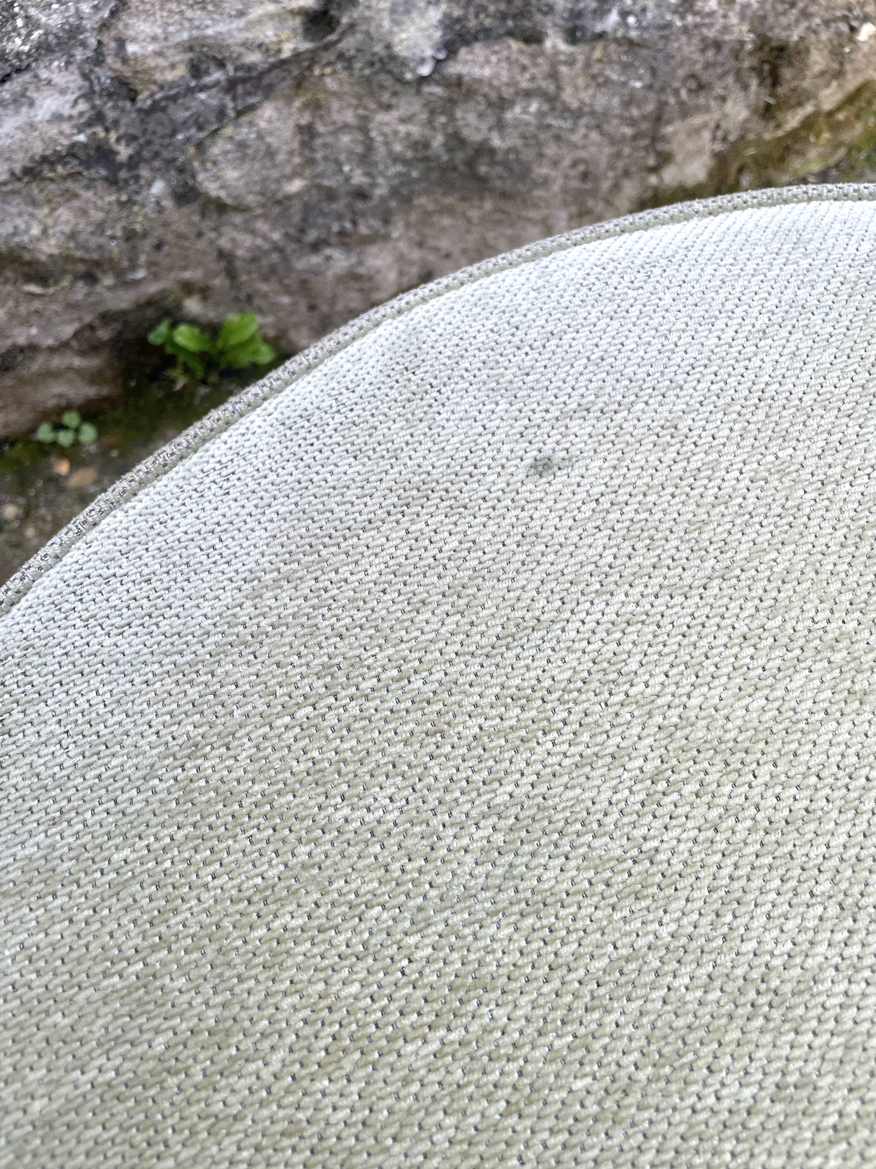 Pair of barrel-shaped armchairs in beech and almond green velvet by Maison Rosello