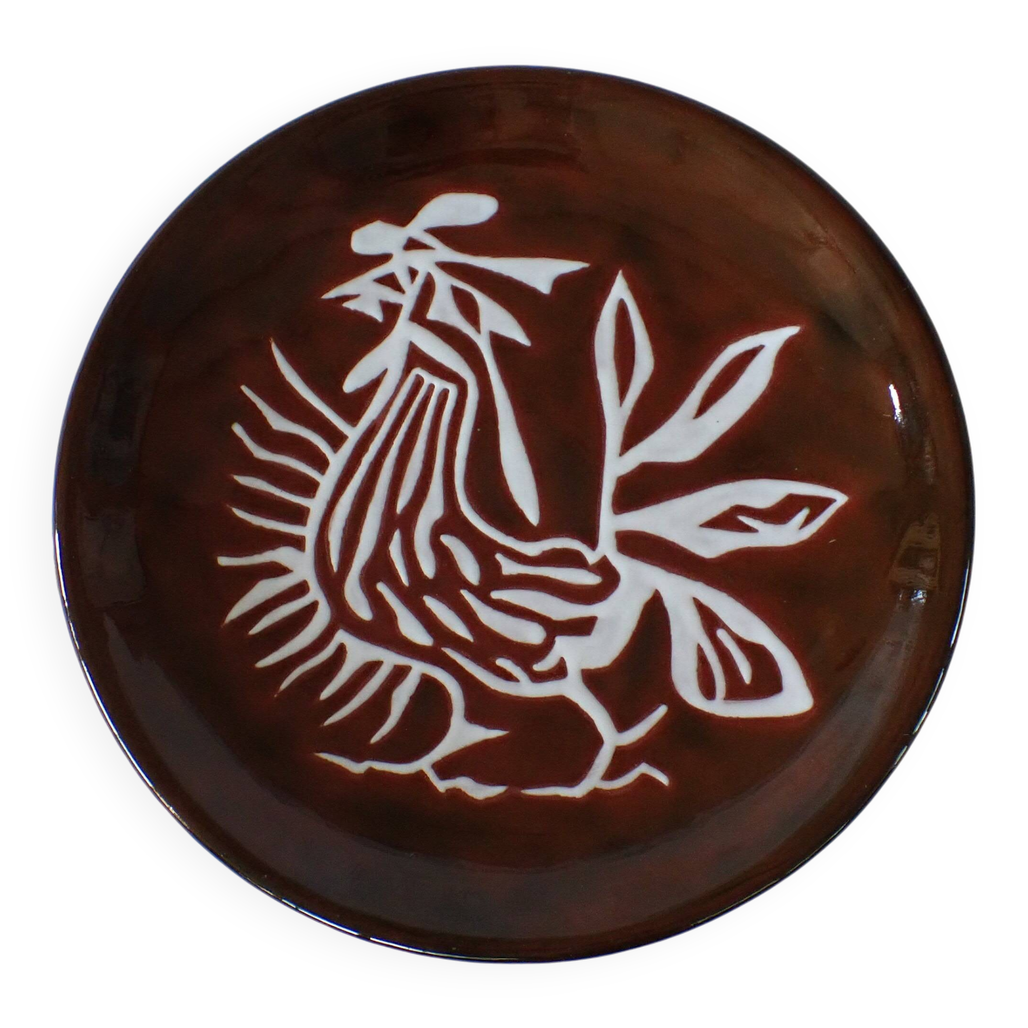 Jean Lurçat plate in brown glazed ceramic decorated with a rooster