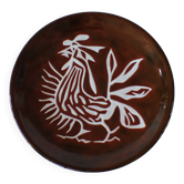 Jean Lurçat plate in brown glazed ceramic decorated with a rooster