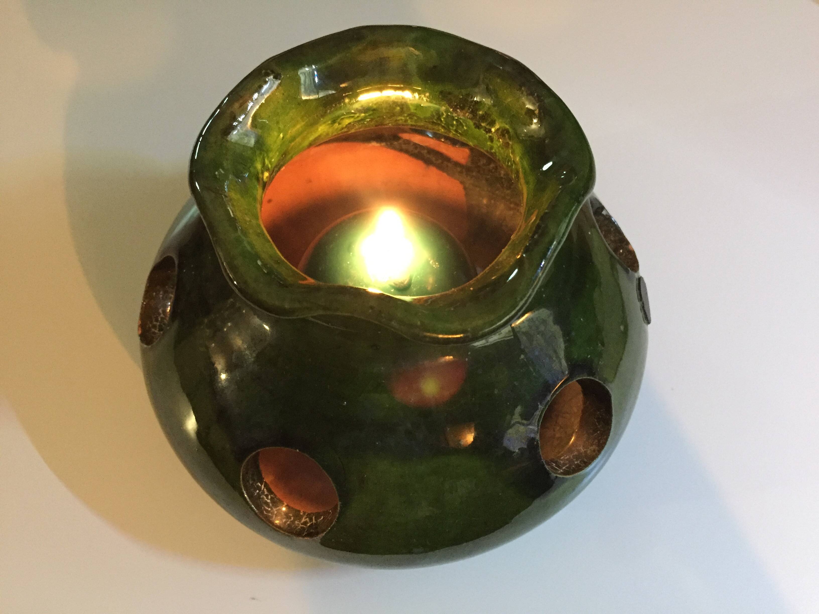 Old Bulb Pot Vase or Brasero Candle Holder Green Enameled Terracotta Pottery