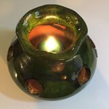 Old Bulb Pot Vase or Brasero Candle Holder Green Enameled Terracotta Pottery