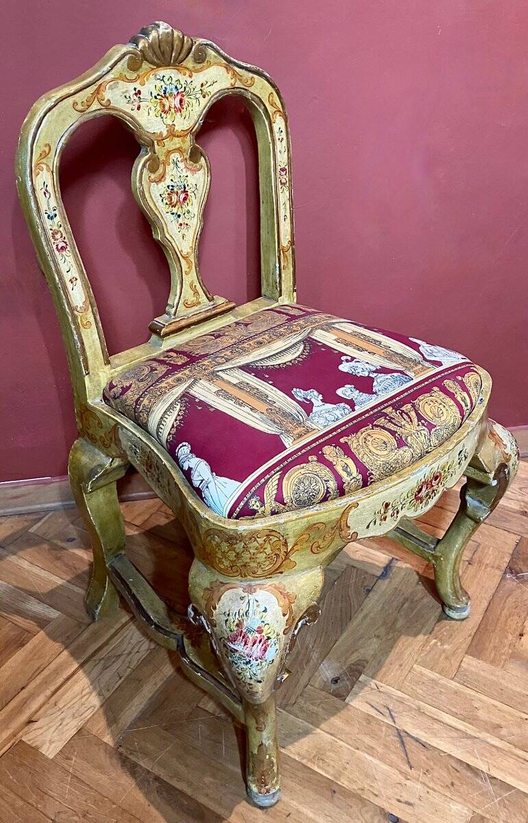 Venetian Lacquered Rococo-Style Armchairs with Hand-Painted Floral Décor and Theater-Inspired Upholstery, Set of 2
