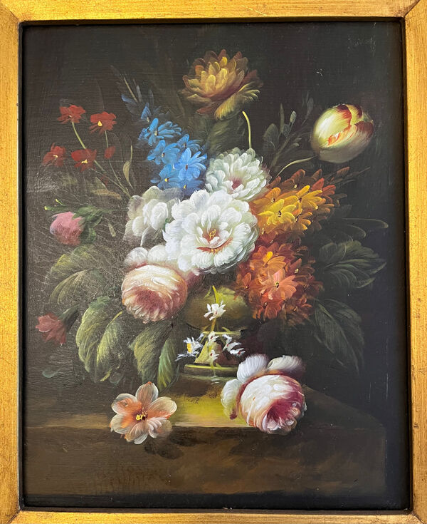 Huile sur panneau : nature morte aux fleurs