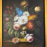 Oil on panel: still life with flowers