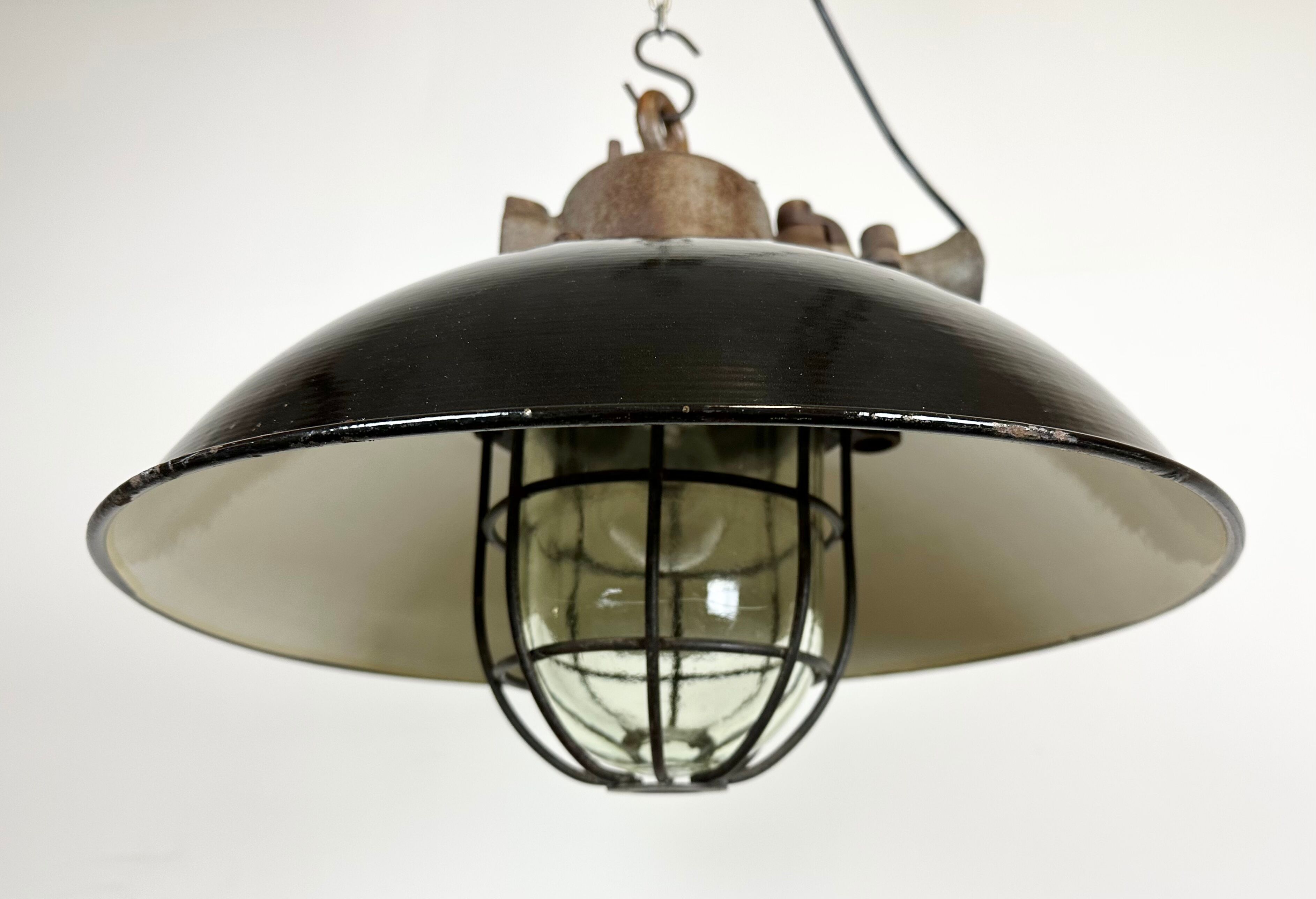 Black enamel and cast iron industrial cage pendant light, 1950s