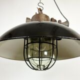 Black enamel and cast iron industrial cage pendant light, 1950s