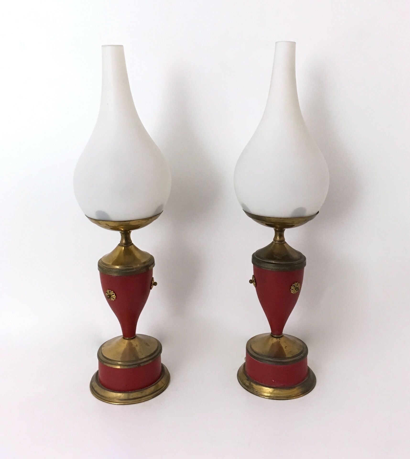 Vintage Pair of Red Varnished Metal, Brass and Glass Table Lamps, Italy