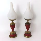 Vintage Pair of Red Varnished Metal, Brass and Glass Table Lamps, Italy