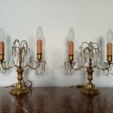 Pair of bronze girandoles with crystal pendants, two arms of lights.