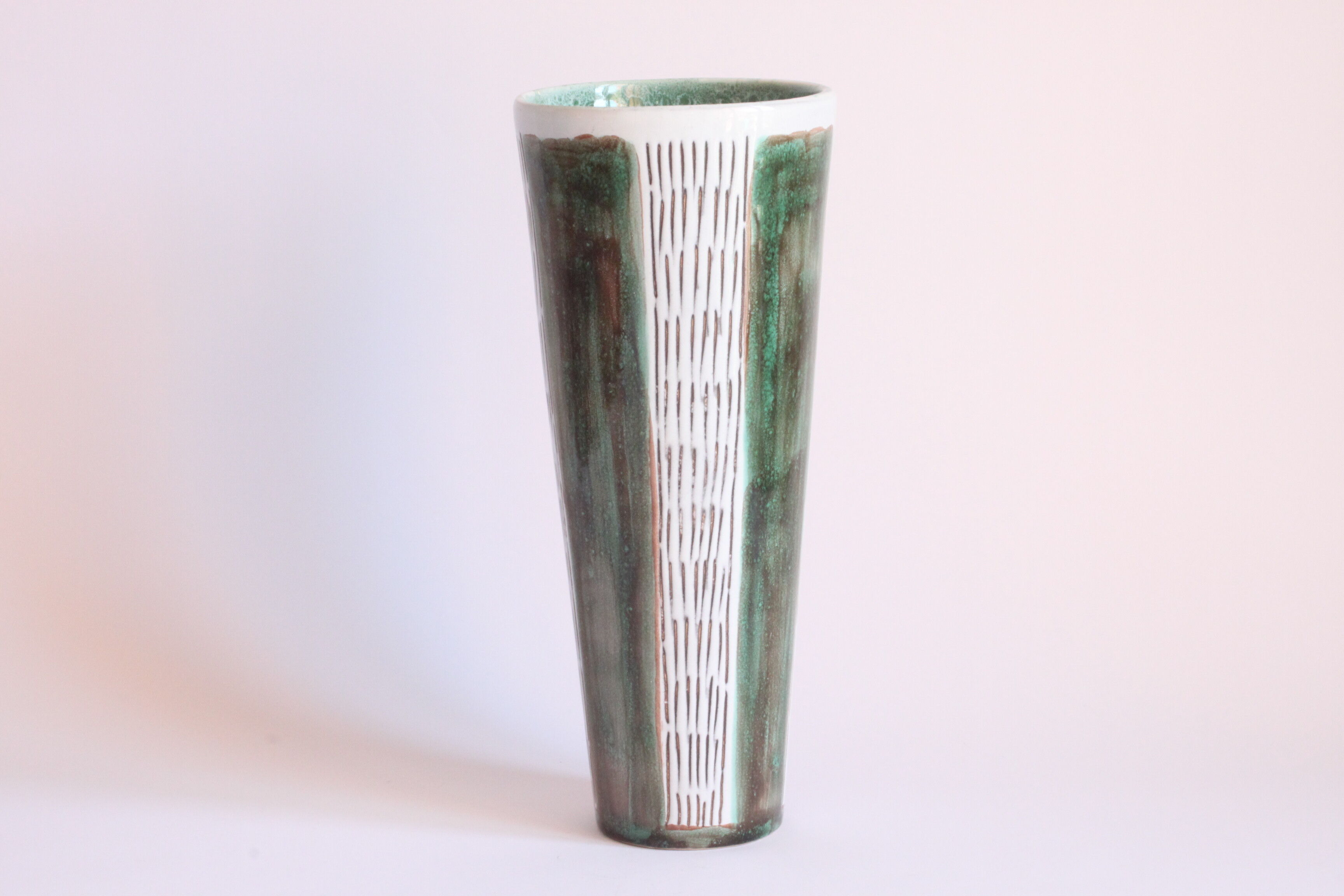 Striped green vase by Faiencerie Thulin, Belgium 1950s.