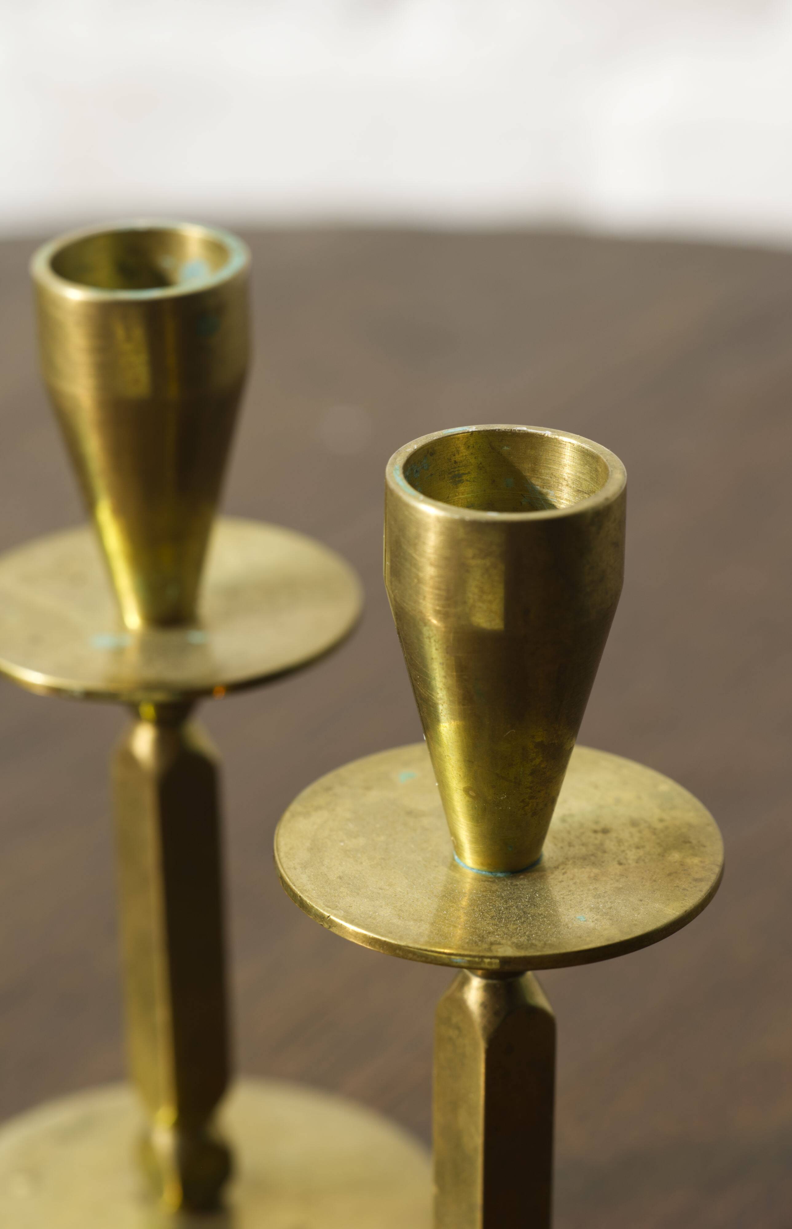 2x Mid century brass candle sticks, Kara Denmark