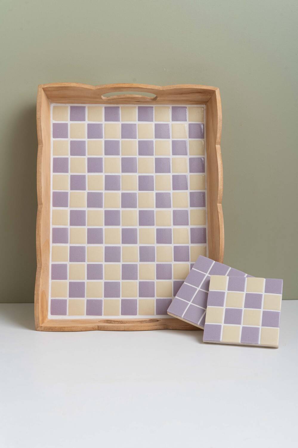 Handcrafted checkerboard tiled wooden tray
