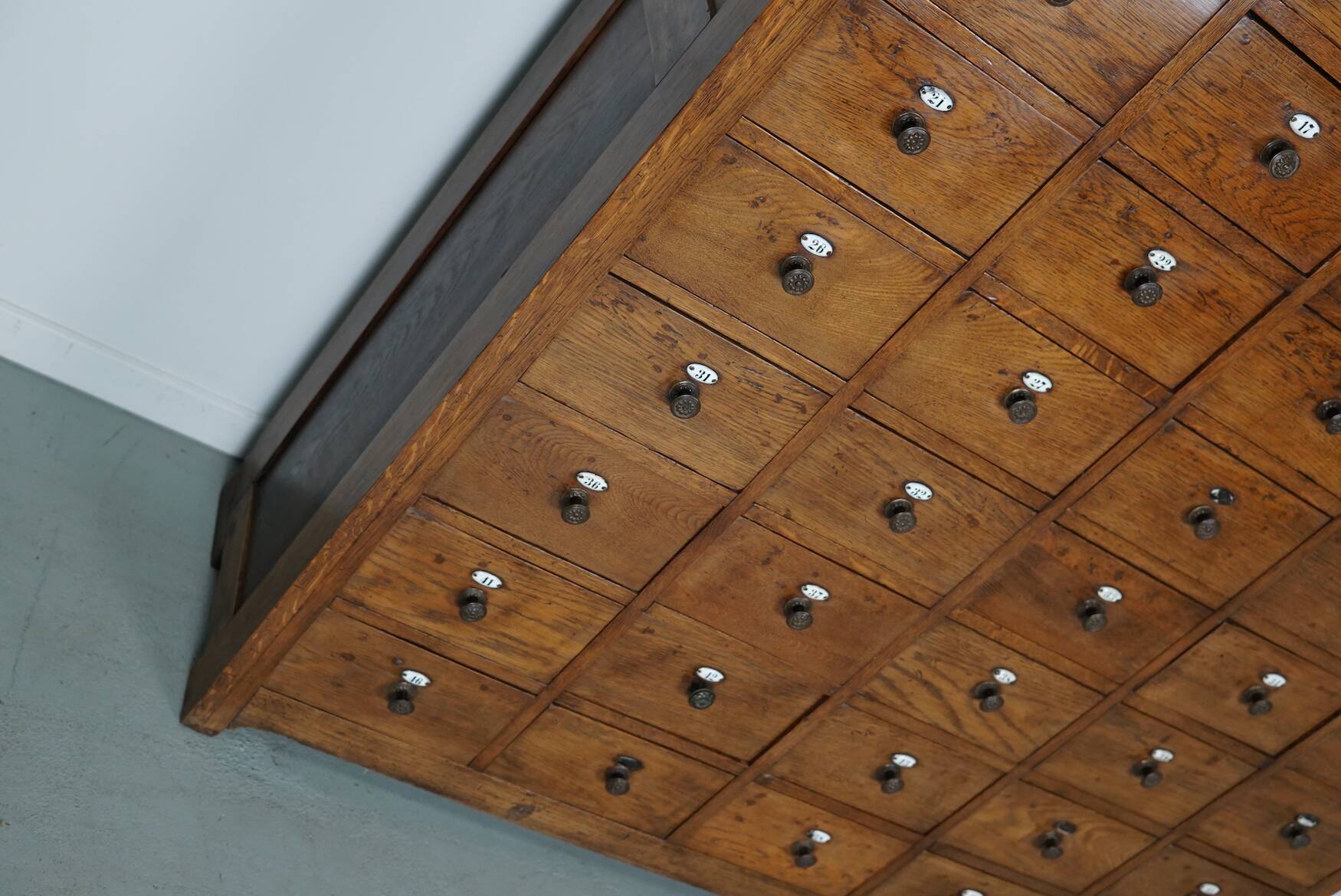 Large dutch oak apothecary cabinet / barber cabinet with enamel shields, 1900s