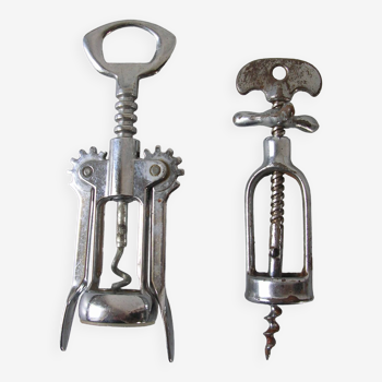 Set of 2 old metal corkscrews bottle opener kitchen accessory