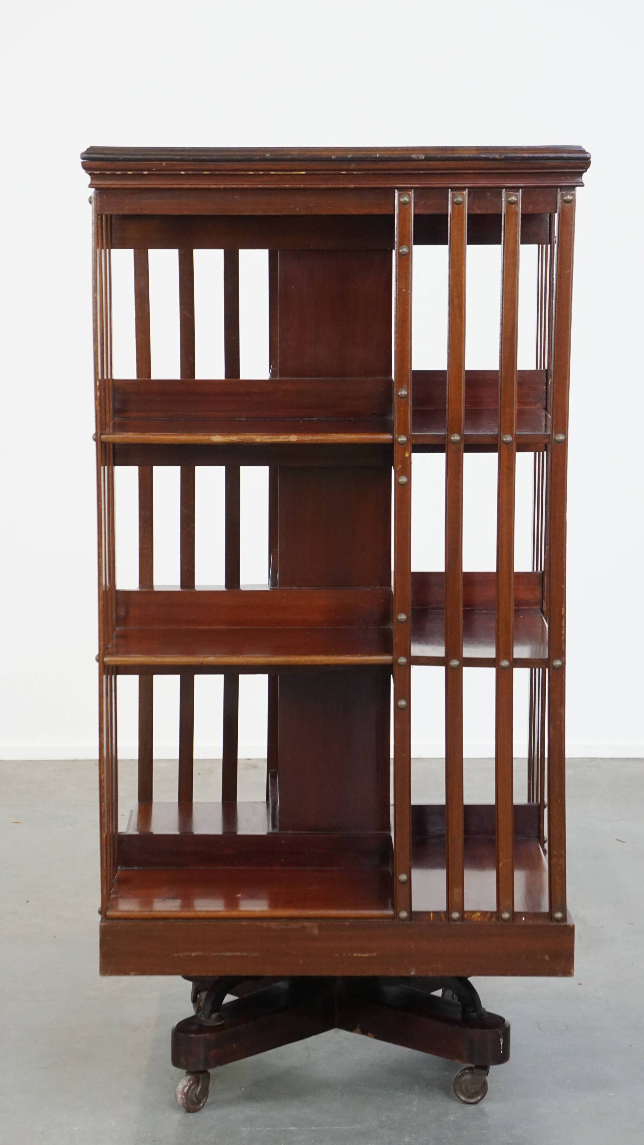 Large Antique Wooden English Book Carousel with Cast Iron Base