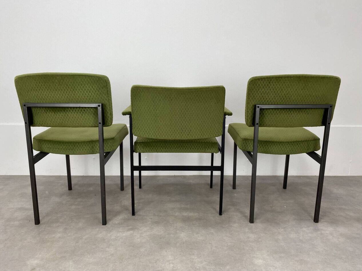 2 chairs and 1 office armchair from the 1950s in green velvet and black metal.