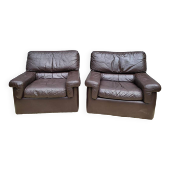 Pair of chocolate leather lounge chairs