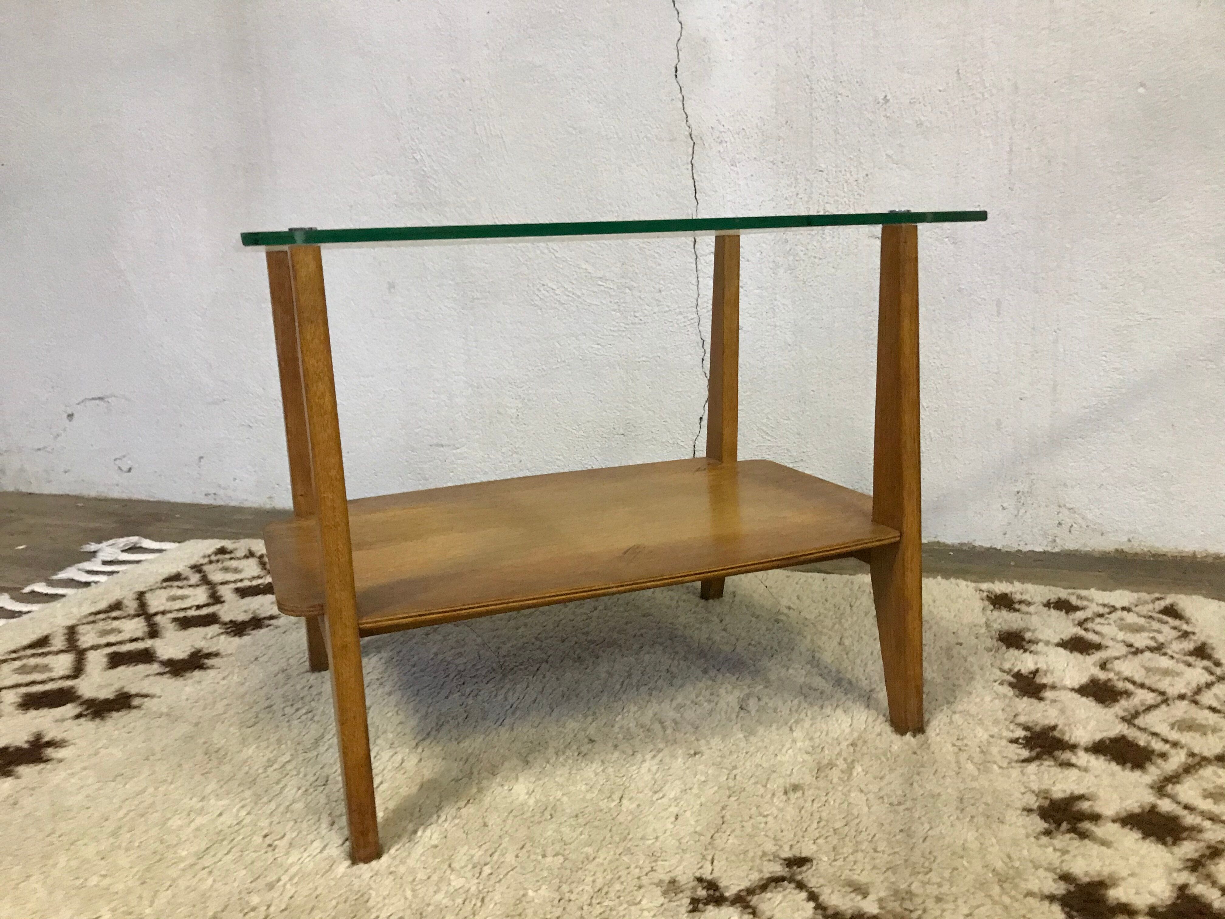 Glass coffee table with oak triangle shape 1950 1960 vintage modernist