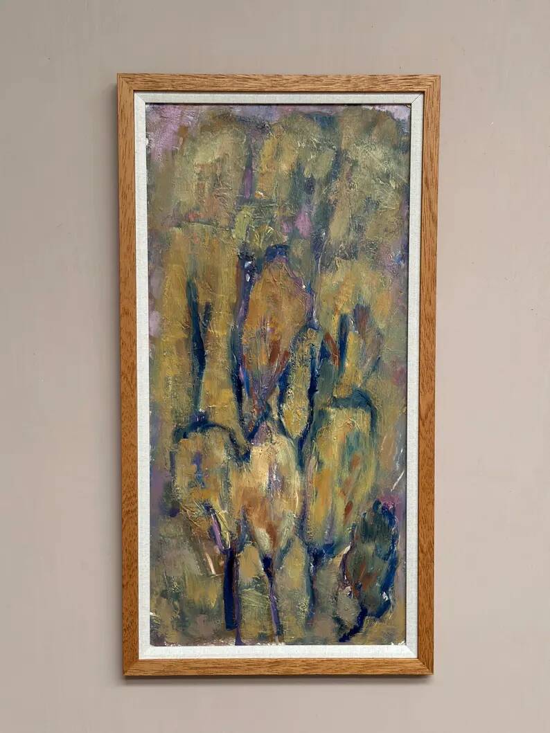 Large Swedish Oil on Panel – "Green Composition" – Signed – Vintage and Recently Framed – 77 × 41 cm (30.3 in × 16.1 in)