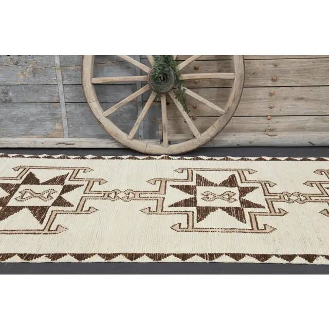 1970s Turkish Hand-Knotted Wool Cotton Beige Runner Rug 112x340