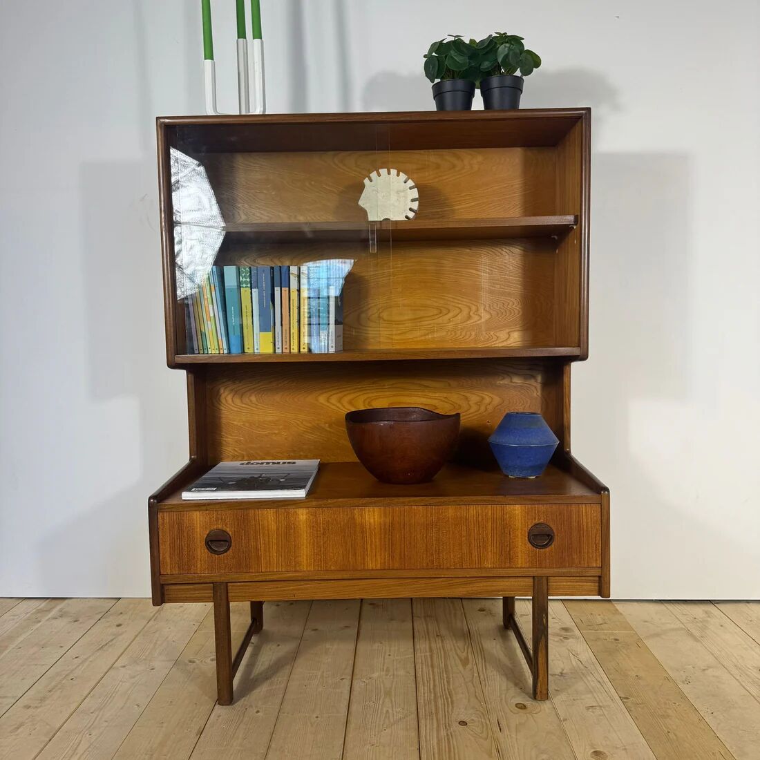 Vintage teak bookcase with glass doors – Scandinavian mid-century elegance
