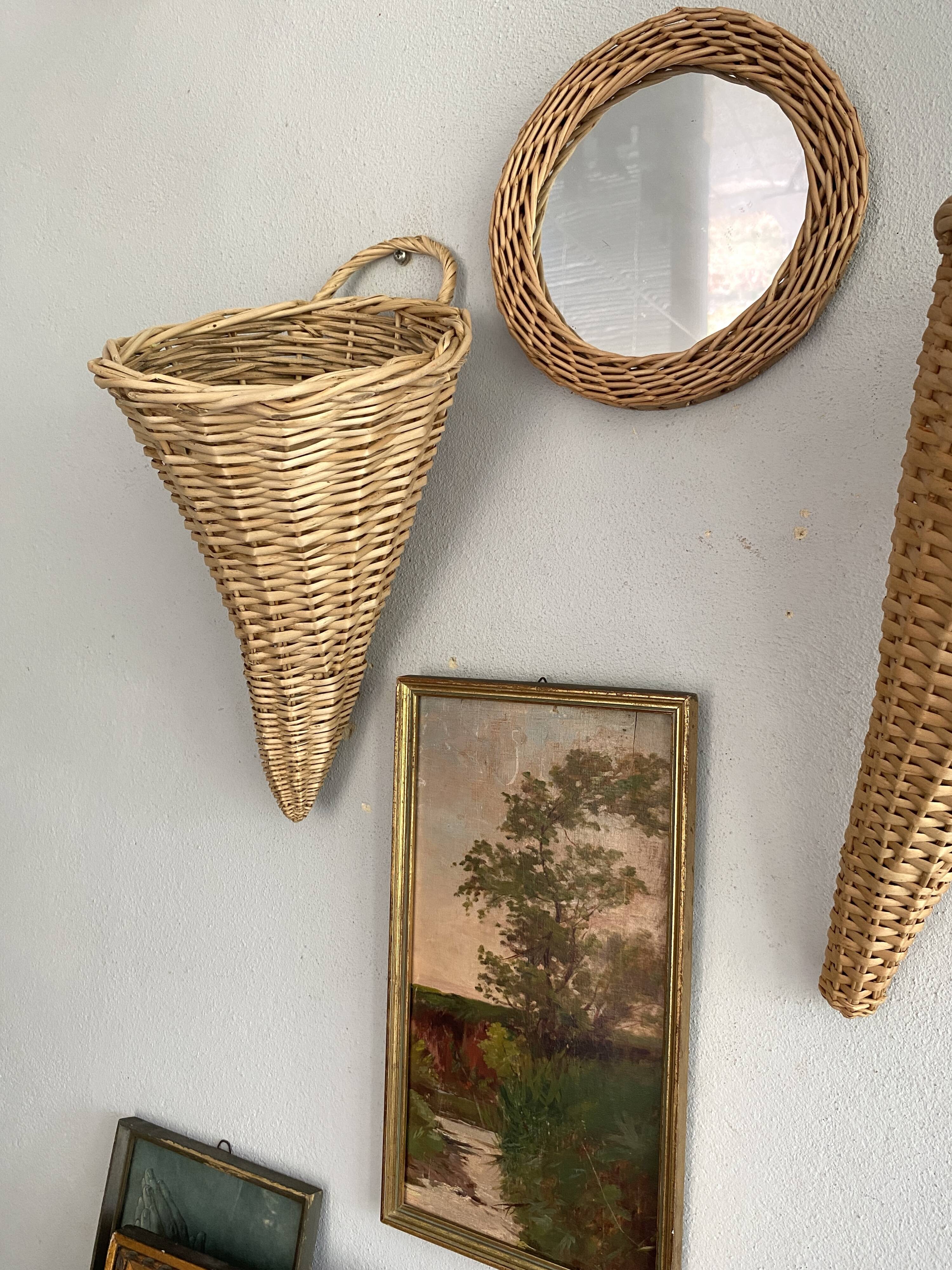 Hanging basket, woven wicker cornucopia