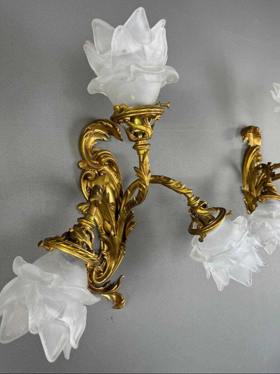 Pair of Rococo Style Gilt Bronze Wall Sconces, Late 19th Century
