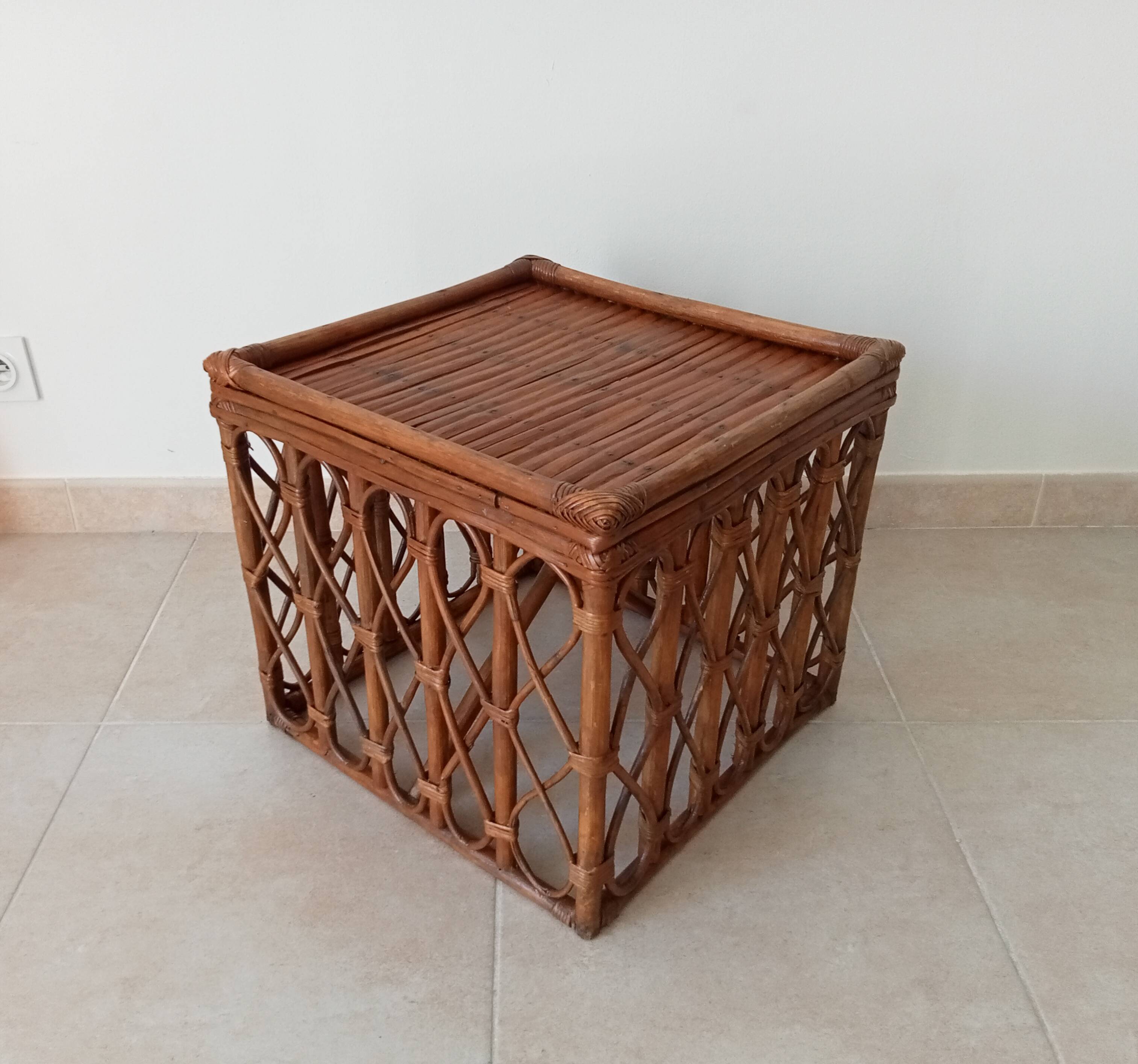 Table basse vintage en bambou et rotin années 60/70