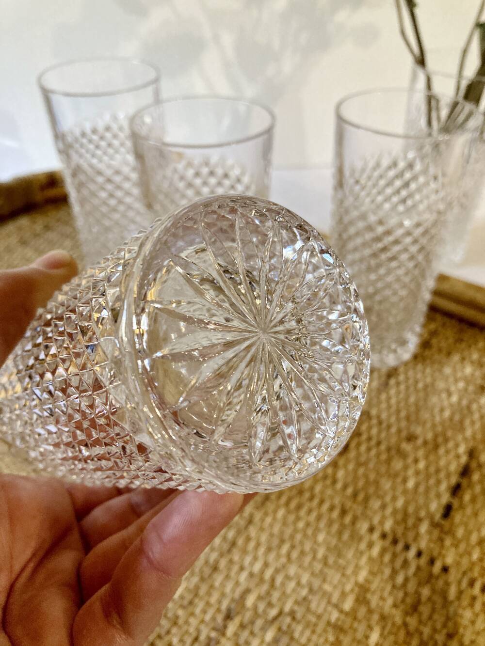 5 vintage glasses with a diamond point pattern