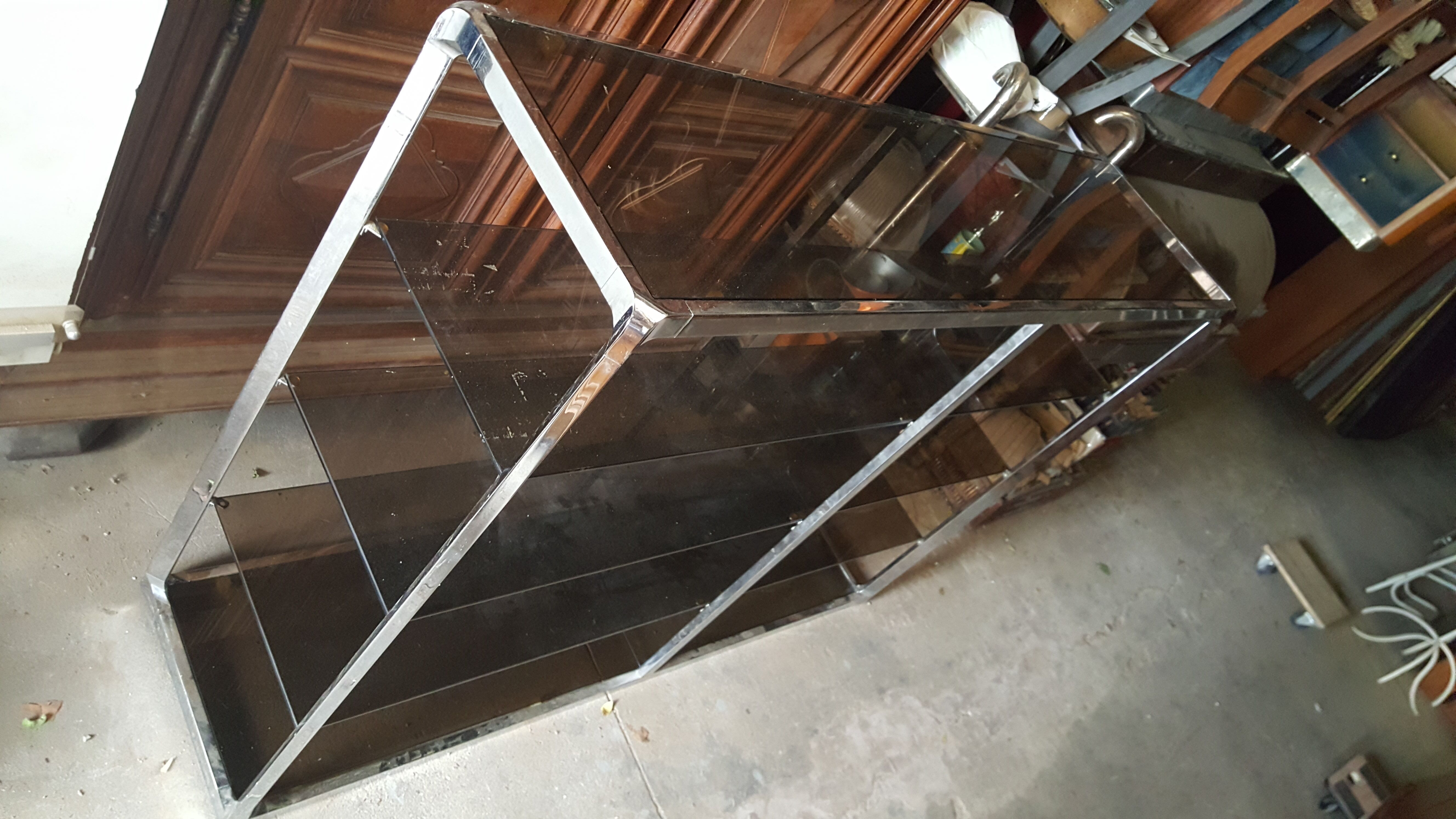 Large double shelf in chrome and smoked glass, 1970s, by Fratelli