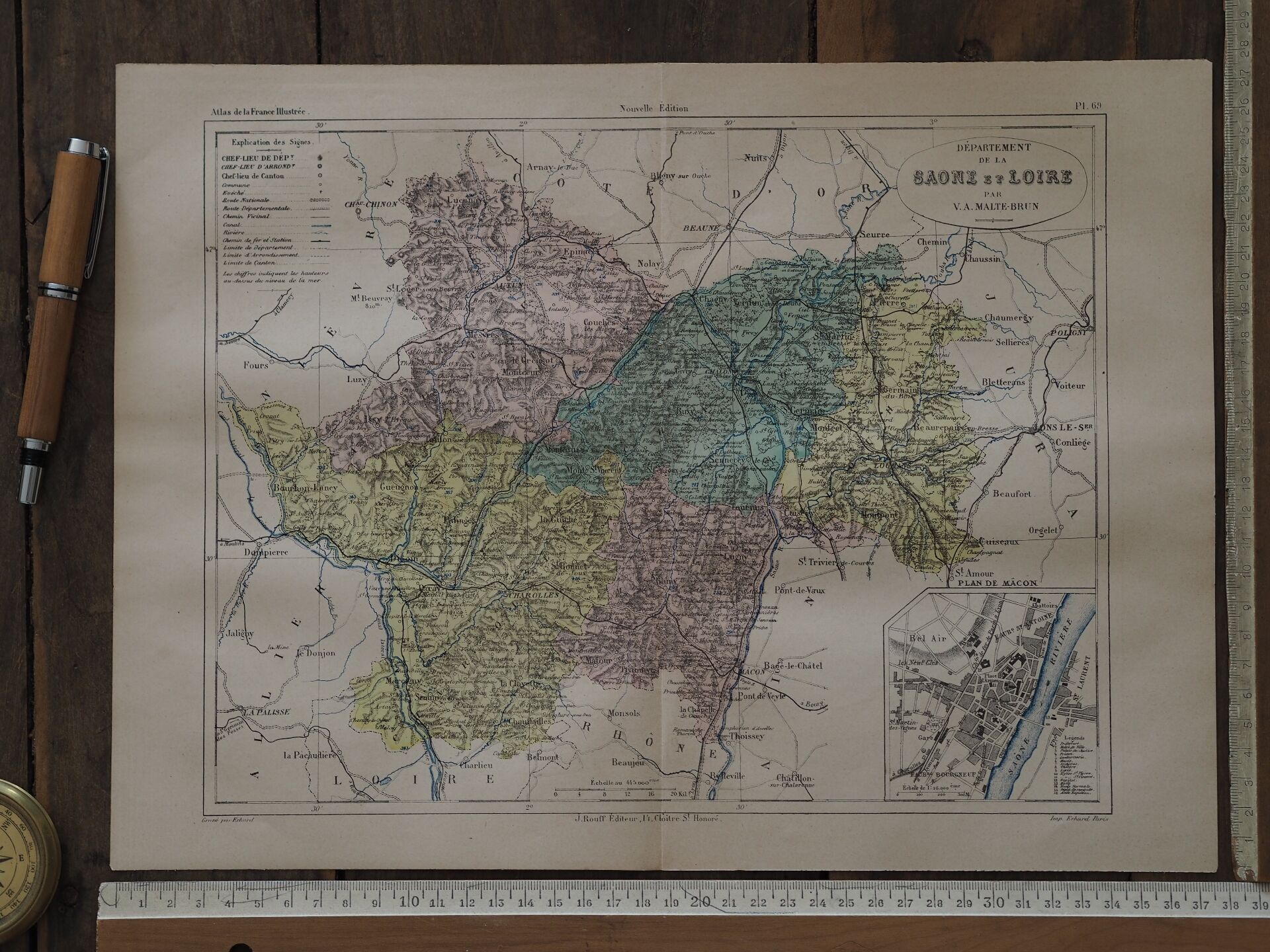 Saône and Loire, old map printed in 1883.