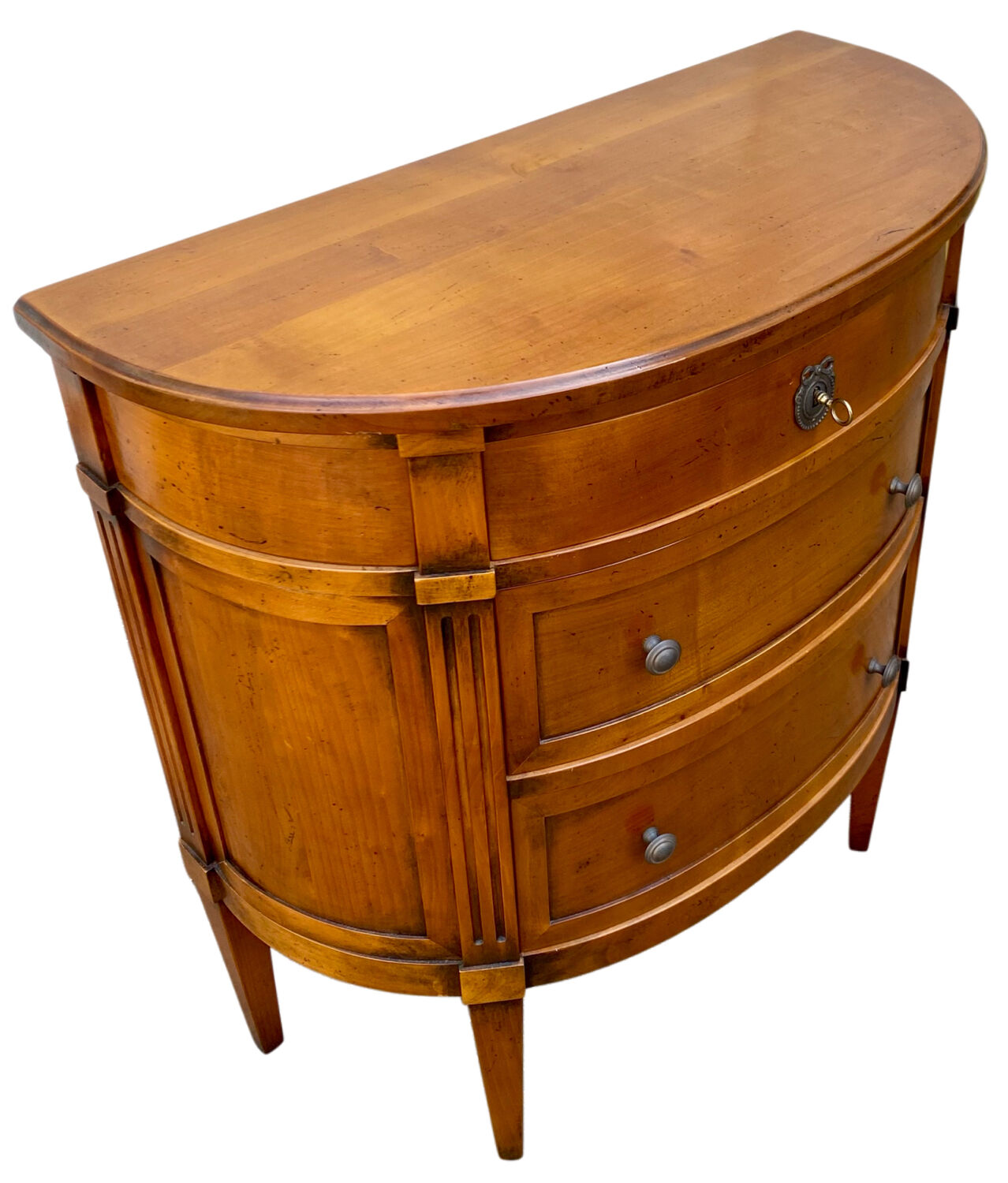 Commode demi-lune 3 tiroirs en merisier style Louis XVI