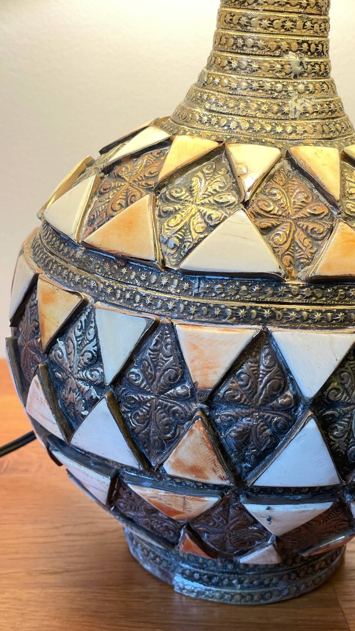 Vintage handcrafted lamp, pottery and silver-plated metal