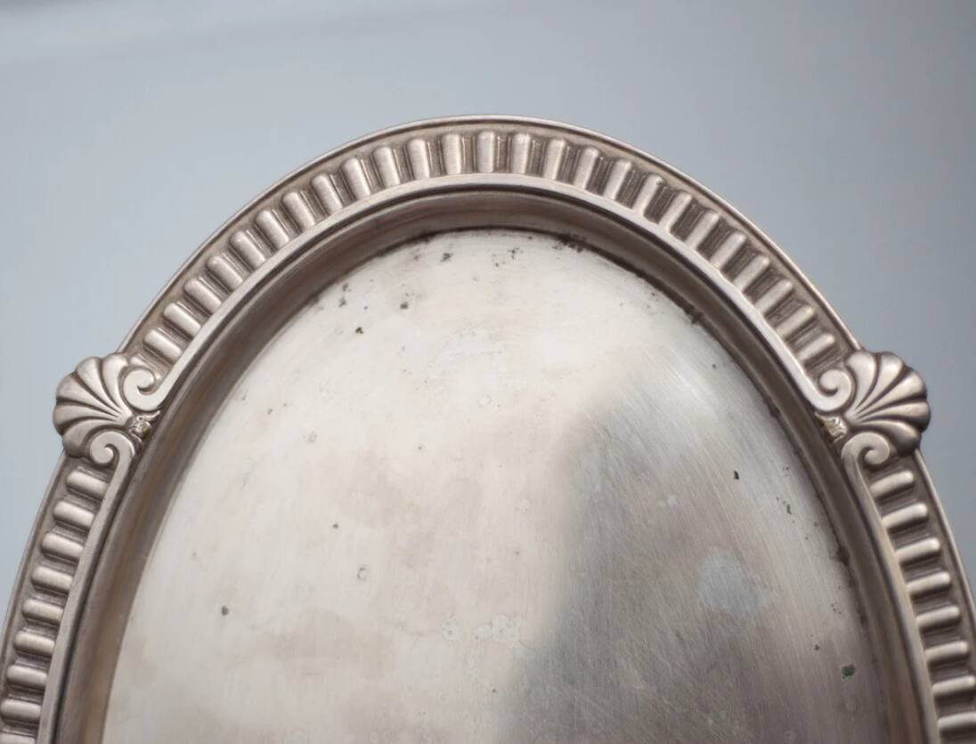 Silver metal dish with handle Hallmark Gallia Christofle shell pattern, centerpiece, tray