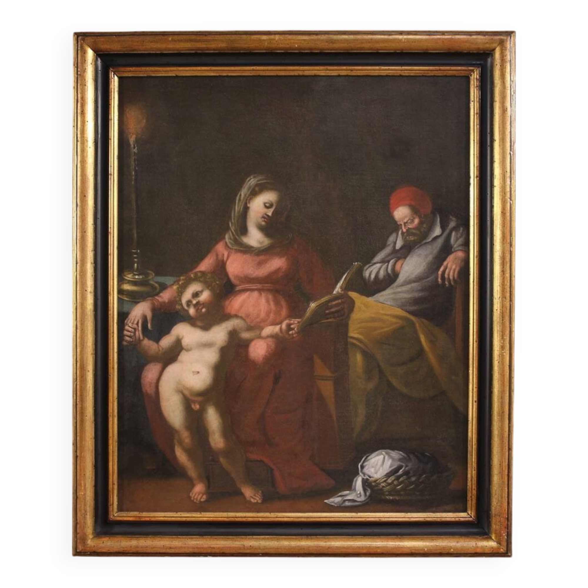 Peinture italienne antique du 17ème siècle, Sainte Famille.