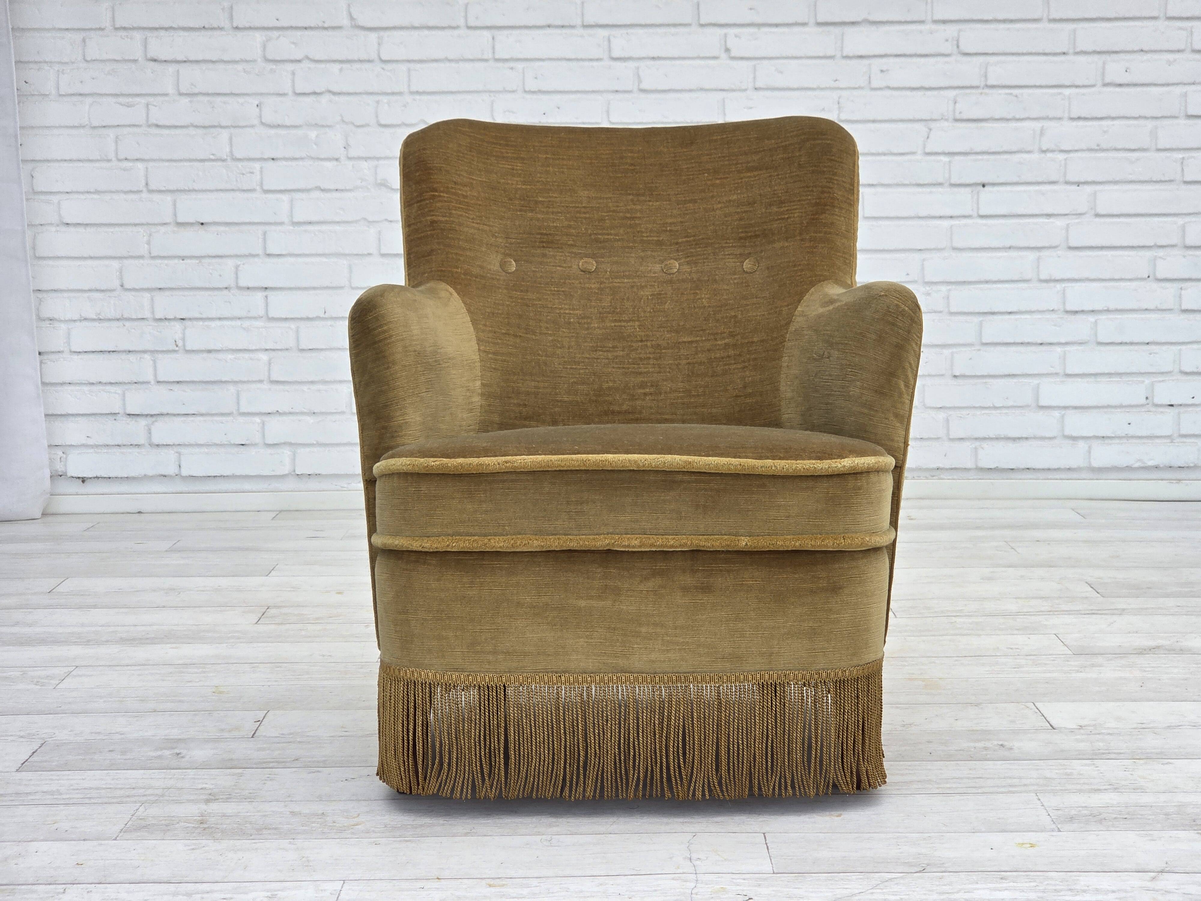 1970s, Danish lounge chair, light green furniture velour, beech wood.