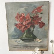Old painting of a bouquet of poppies, canvas on a flower frame